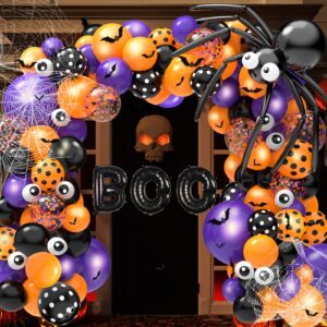 oomloid 126 pcs halloween balloon garland arch kit, halloween party decorations include spider web, bats, purple orange and black balloons for halloween birthday party supplies decor