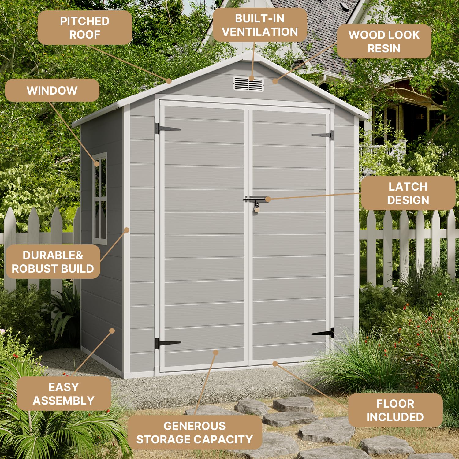 Gizoon Outdoor Storage Shed, 6x4 FT Resin Shed with Floor, Plastic Garden Tool Sheds with Lockable Door for Patio Backyard Lawn Pool, Gray