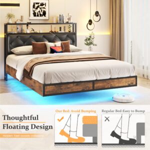 HISOFT Floating Full Bed Frame with 2-Tier Storage Headboard, Metal Full Bed Frame with Charging Station & LED, Faux Leather, No Box Spring Needed, Noise Free, Easy to Assemble, Black Diamond