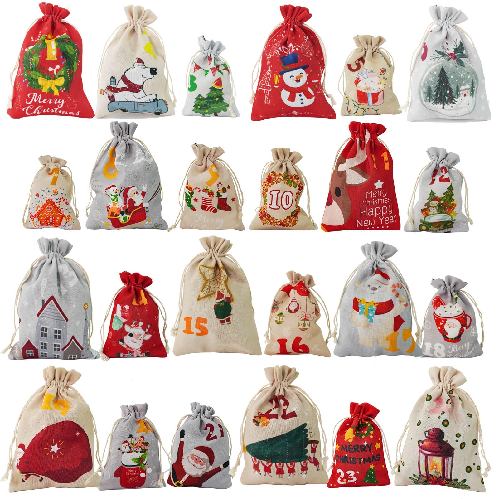 ARPADAMO 24 Pieces Christmas 24 Days Advent Calendar Bags-2024 Christmas Countdown Calendar Christmas Drawstring Gift Bags-Reusable DIY Makeup Advent Calendar Set-for Home Party Decoration Gift