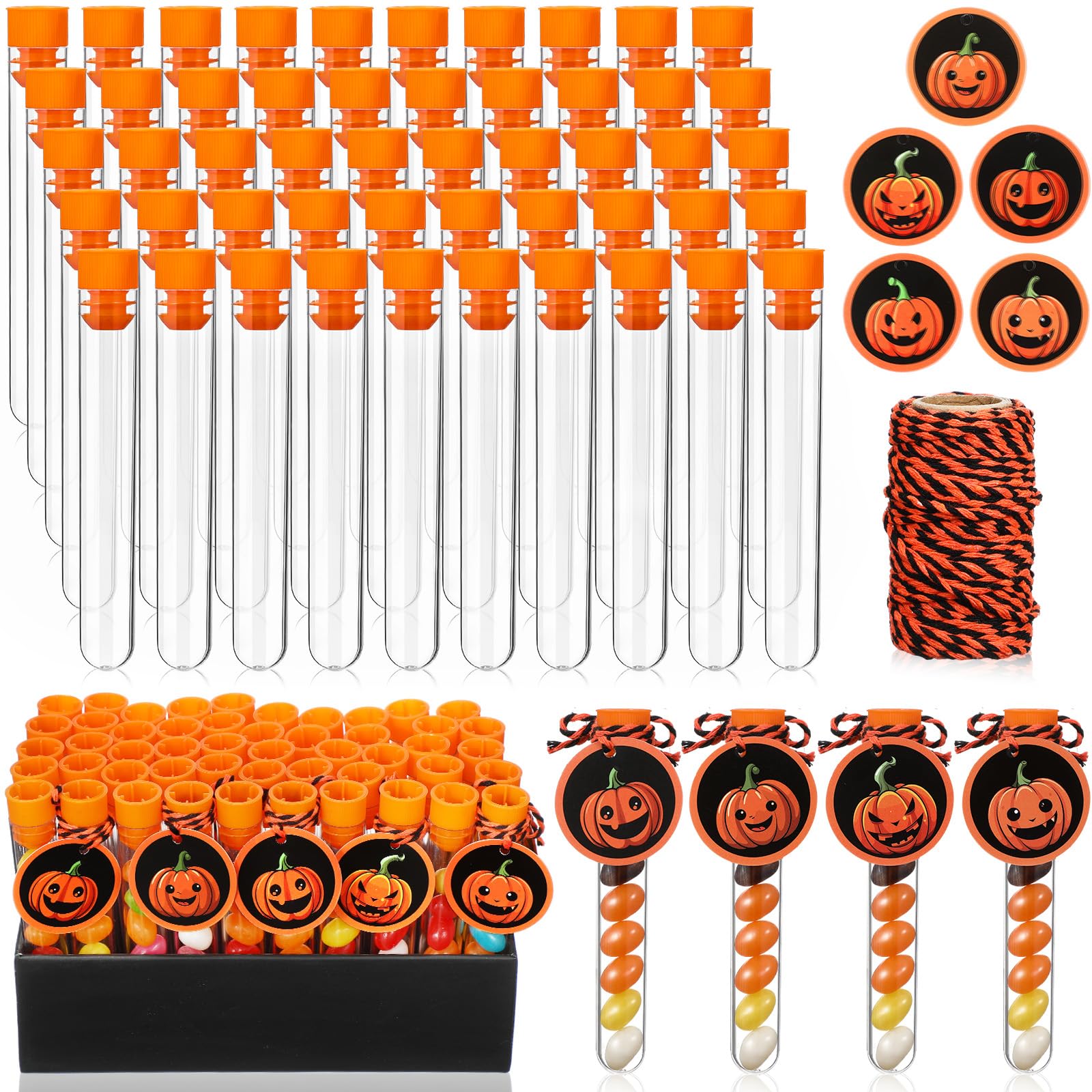 Photect 50 Set Halloween Test Tubes 100 x 16 mm Clear Plastic Tubes with Caps 10 ML Candy Tubes for Candy Storage, Scientific Experiments, Halloween Party Favors