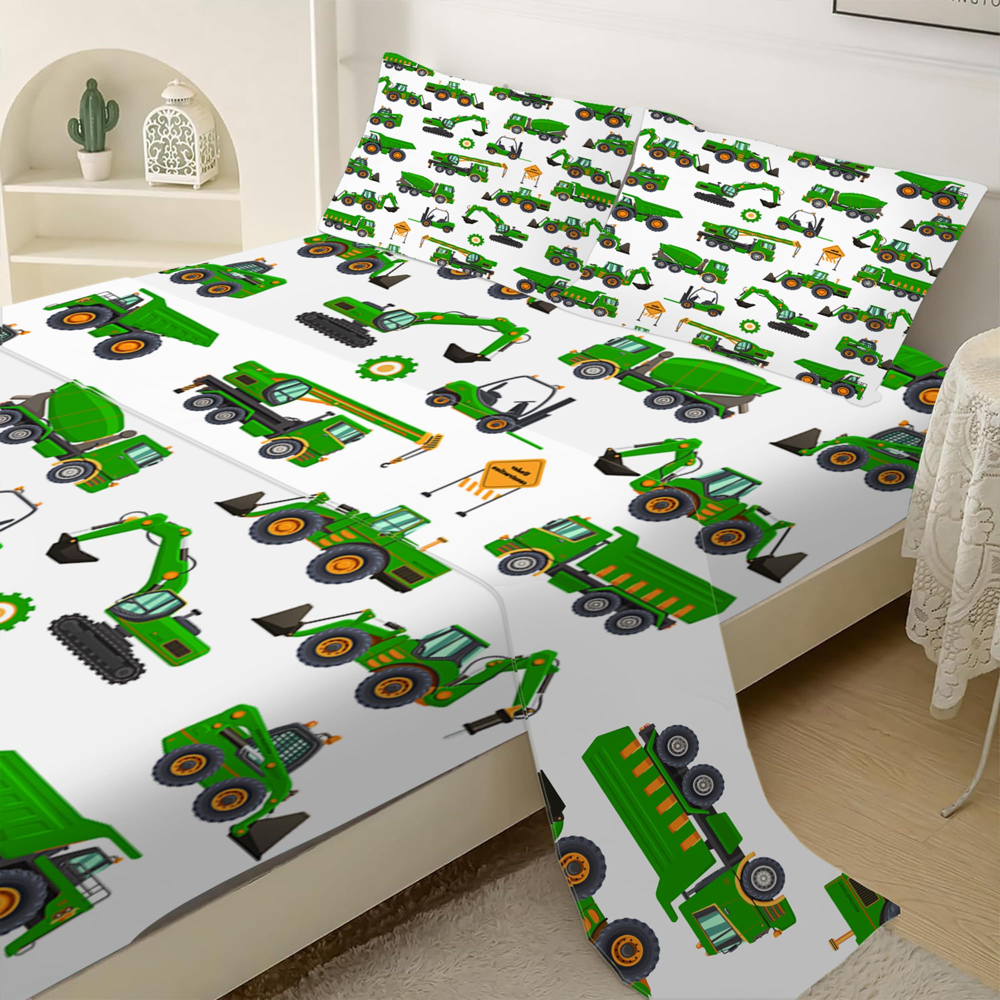 EDGZKO Sheet Set Green Tractor: Queen Size Cartoon Excavator Truck Bed Sheets for Boys Kids Toddler Deep Pocket Construction Vehicle 4PC Bedding Set 1 Fitted Sheet & 1 Flat Sheet & 2 Pillowcases