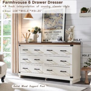 Farmhouse 6 Drawers Dresser for Bedroom, Wood Large Chest of Drawers with Thick Plank Styling, Rustic Closet Dresser for Bedroom or Living Room, Antique White Color