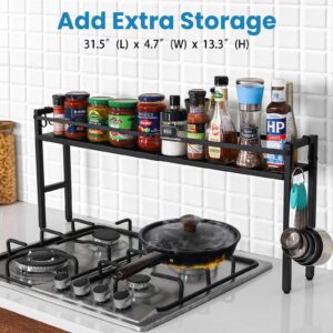 yudeke Stove Top Shelf, Extendable Spice Rack for Kitchen - Adjustable Over-the-Stove Shelf with 4 Hooks, Seasoning Organizer Countertop, Extra Space Saver (Black)