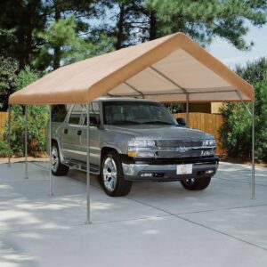 green party carport, 10’ x 20’ heavy duty car canopy with powder-coated steel frame, portable car canopy party tent garage boat shelter with sand bag, waterproof & uv protected tarp, 8 legs, beige