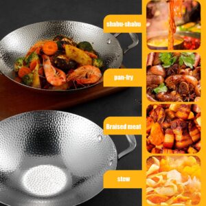 SHITOOMFE Mini Wok Stainless Steel Wok, 9 inch Dual-Handled Mini Wok, Nonstick Round Bottom Wok, Thick Induction Wok for Stir-Fry, Soups and Pastas