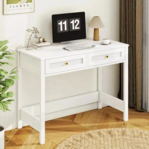 ltmeuty white desk with drawers for bedroom, 40 inch small computer desk with storage, modern vanity desk for small spaces, rattan study writing table for home office