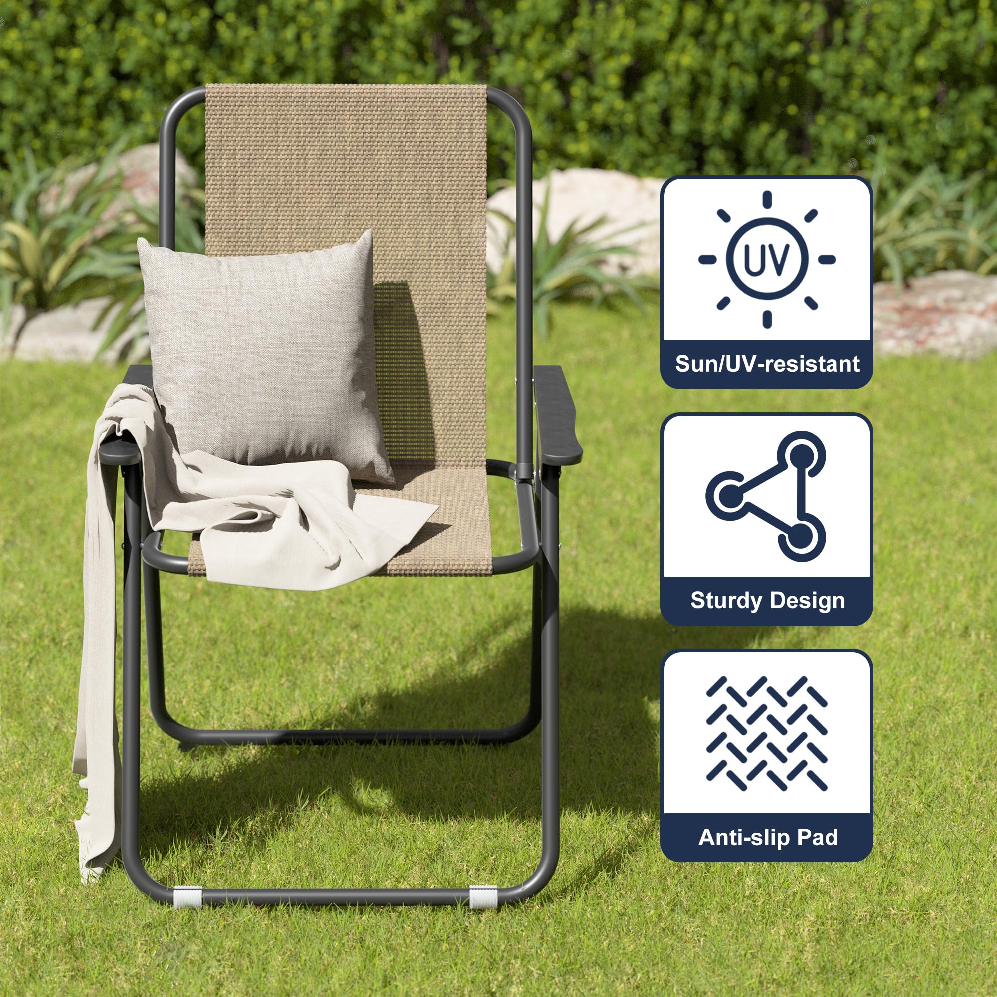 Amopatio Patio Folding Chairs Set of 4, Outdoor Chair Foldable Dining Chairs with Armrests for Outside Lawn Garden Porch and Pool, Brown