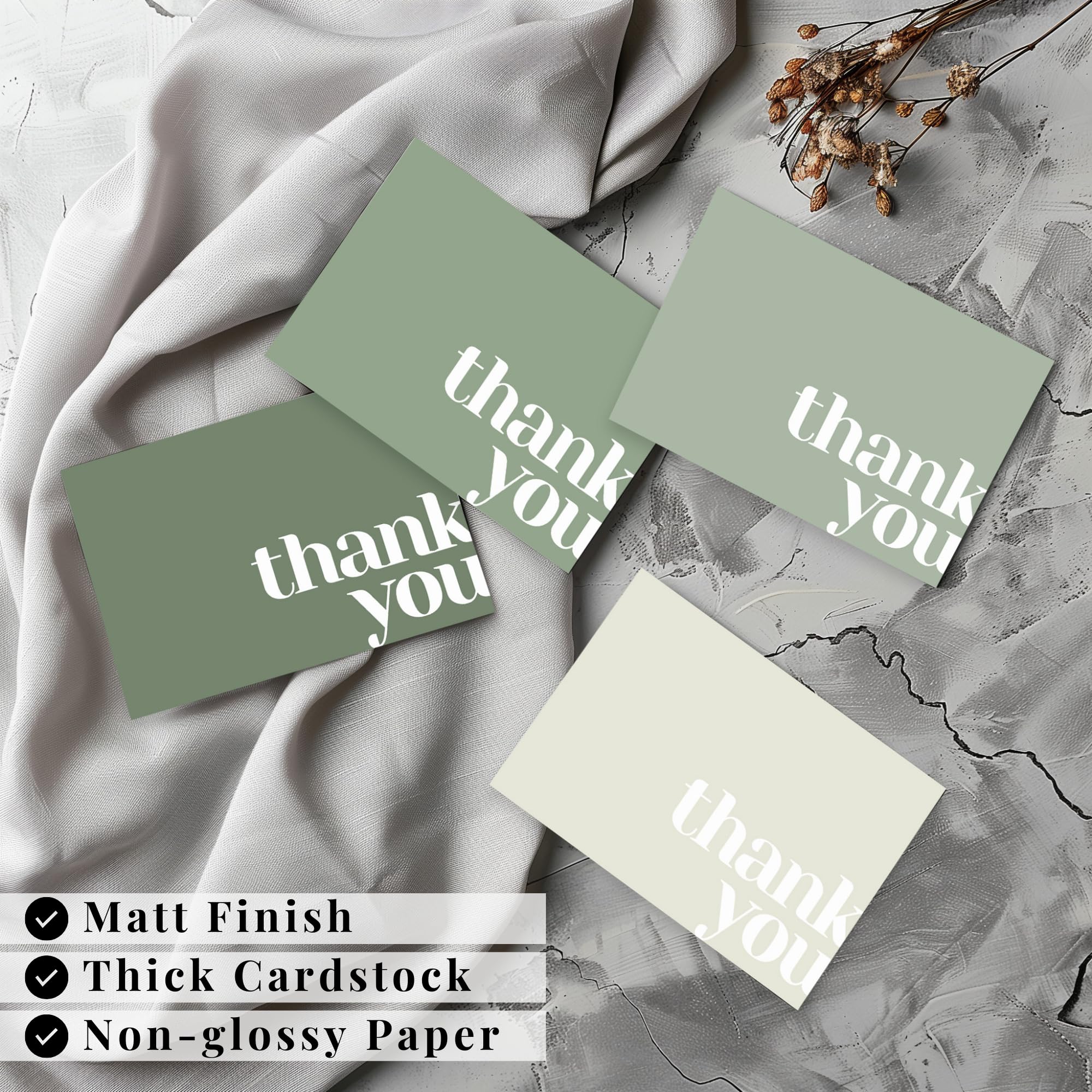 Paper Play Thank You Cards Bulk Pack of 40 Green, 5x3.5 Inches with Matching Stickers & Envelopes, Minimalistic Design Suitable for Business, Baby Shower, Wedding, Small Business, Graduation, Funeral