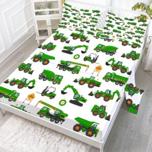 EDGZKO Sheet Set Green Tractor: Queen Size Cartoon Excavator Truck Bed Sheets for Boys Kids Toddler Deep Pocket Construction Vehicle 4PC Bedding Set 1 Fitted Sheet & 1 Flat Sheet & 2 Pillowcases