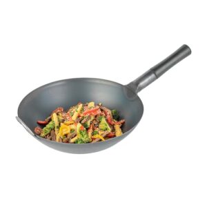 Restaurantware-Motomori 14 Inch Pre-Seasoned Carbon Steel Wok, 1 Traditional Japanese Wok - Flat Bottom, Wooden Handle, Black Carbon Steel Traditional Stir Fry Pan, With Helper Handle