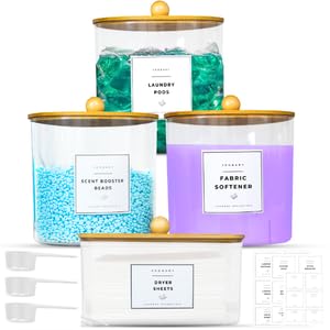 joobary laundry detergent dispenser containers - 4 pack laundry powder container & dryer sheet holder , laundry room organization and storage , laundry pods soap dispenser,laundry labels,beads