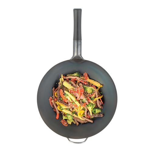 Restaurantware-Motomori 14 Inch Pre-Seasoned Carbon Steel Wok, 1 Traditional Japanese Wok - Flat Bottom, Wooden Handle, Black Carbon Steel Traditional Stir Fry Pan, With Helper Handle