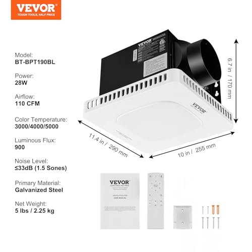 VEVOR Bathroom Exhaust Fan, 110 CFM High-Efficiency Ventilation, 1.5sones Low Noise Operation All-Copper Motor, Remote Control, Energy-Saving Bathroom Ceiling Fan For Various Ceilings