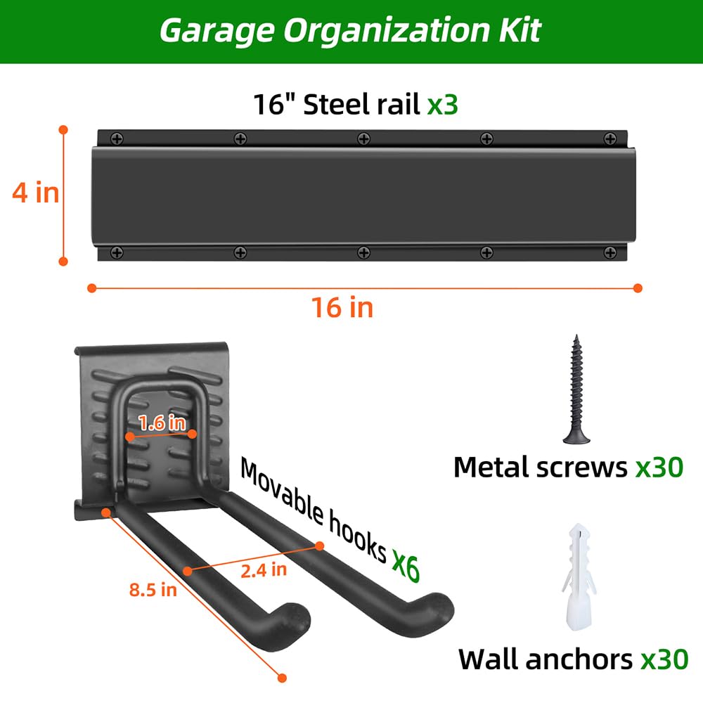 PIYILO Garage Organization, Garage Wall Organizer with 48 inches Rails and 6 Hooks, Tool Organizers Heavy Duty, Shovel Holder Wall Mount Max Load 360 LBS, Sturdy Garden Tool Rack for Folding Chairs