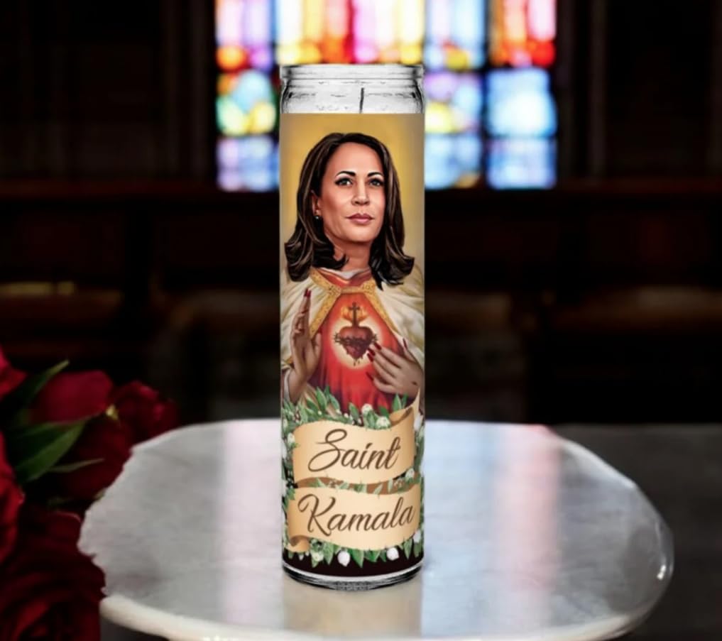 Saint Kamala Harris Celebrity Prayer Devotional Parody Altar Candle, 8" white unscented