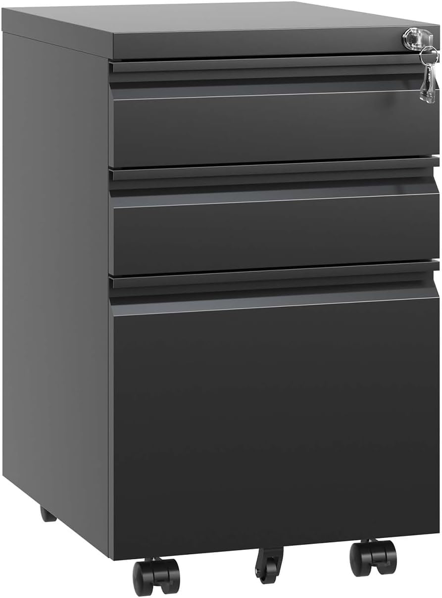 Daokesecr Filing Cabinets for Home Office, 3 Drawer File Cabinet with Lock, Under Desk Home Office Cabinet, Locking File Cabinet for A4/Letter/Legal, Fully Assembled Expect Casters, Matte Black