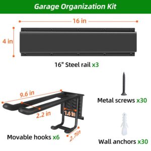 PIYILO Garage Organization, Garage Tool Organizer Wall Mount with 48 inches Rails and 6 Double-layer Hooks, Garden Tool Rack Heavy Duty, Garage Hanging Storage Rack For Yard Tools, Shovel, Shed