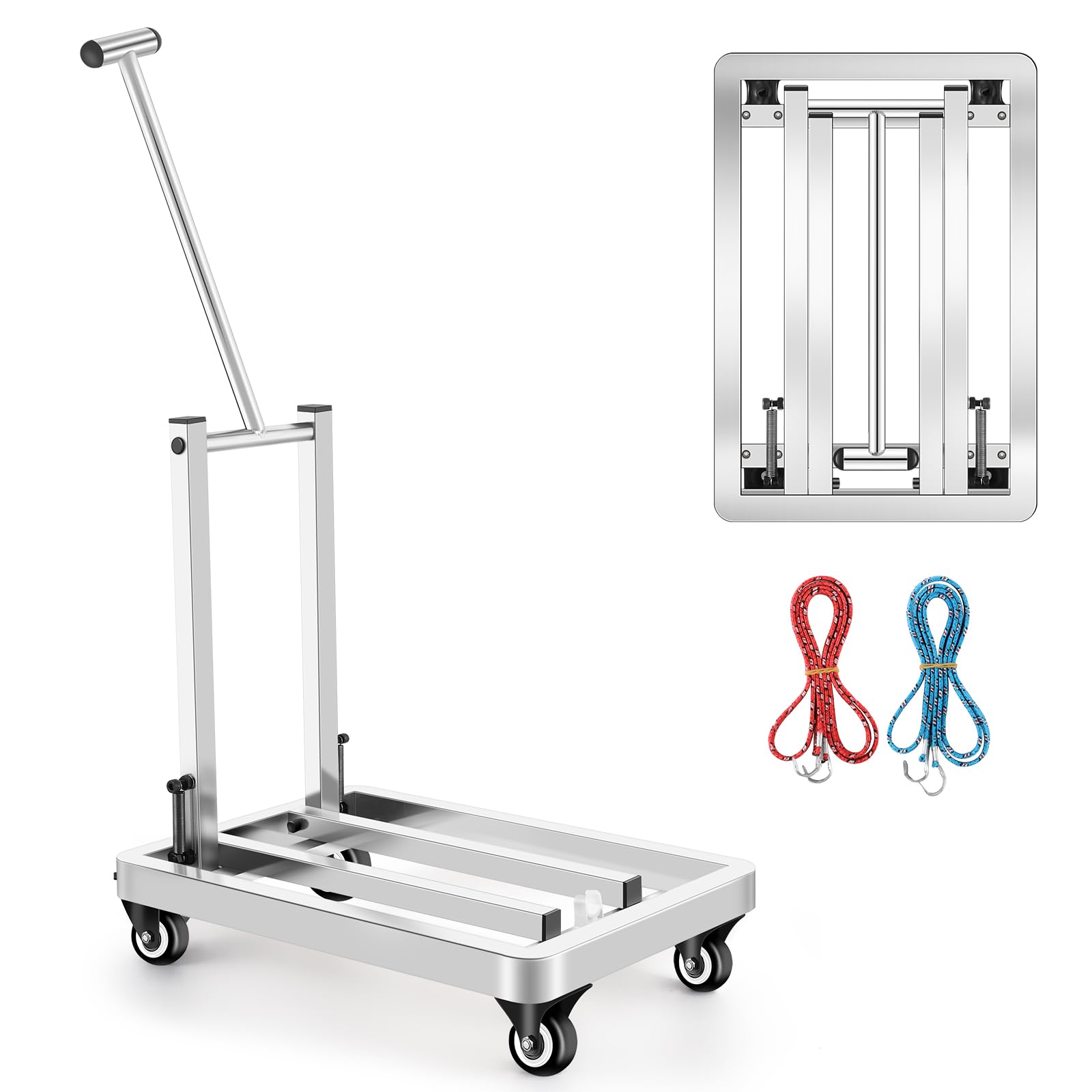 GUOZIXIN Folding Stainless Steel Hand Truck, Adjustable Handle Utility Cart with 4 Wheels & 2 Lashing Straps for Moving, Travel, Shopping, Office Use, Gardening,500 LB Heavy Duty Luggage Cart