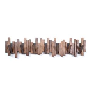 Acsigesn Wooden Coat Rack Wall Mounted Sticks Multi Rack Solid Handmade Natural Walnut Wood Artwork with 7 Flip-Down Unique Modern Hooks for Coats Bag Hat Umbrella