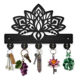 mayjoydiy wood lotus flower coat hooks hanger mandala lotus key holder for wall 11.8×7.9inch black key hooks rack 5 alloy hooks home decor gifts entryway kitchen bathroom storage organizer