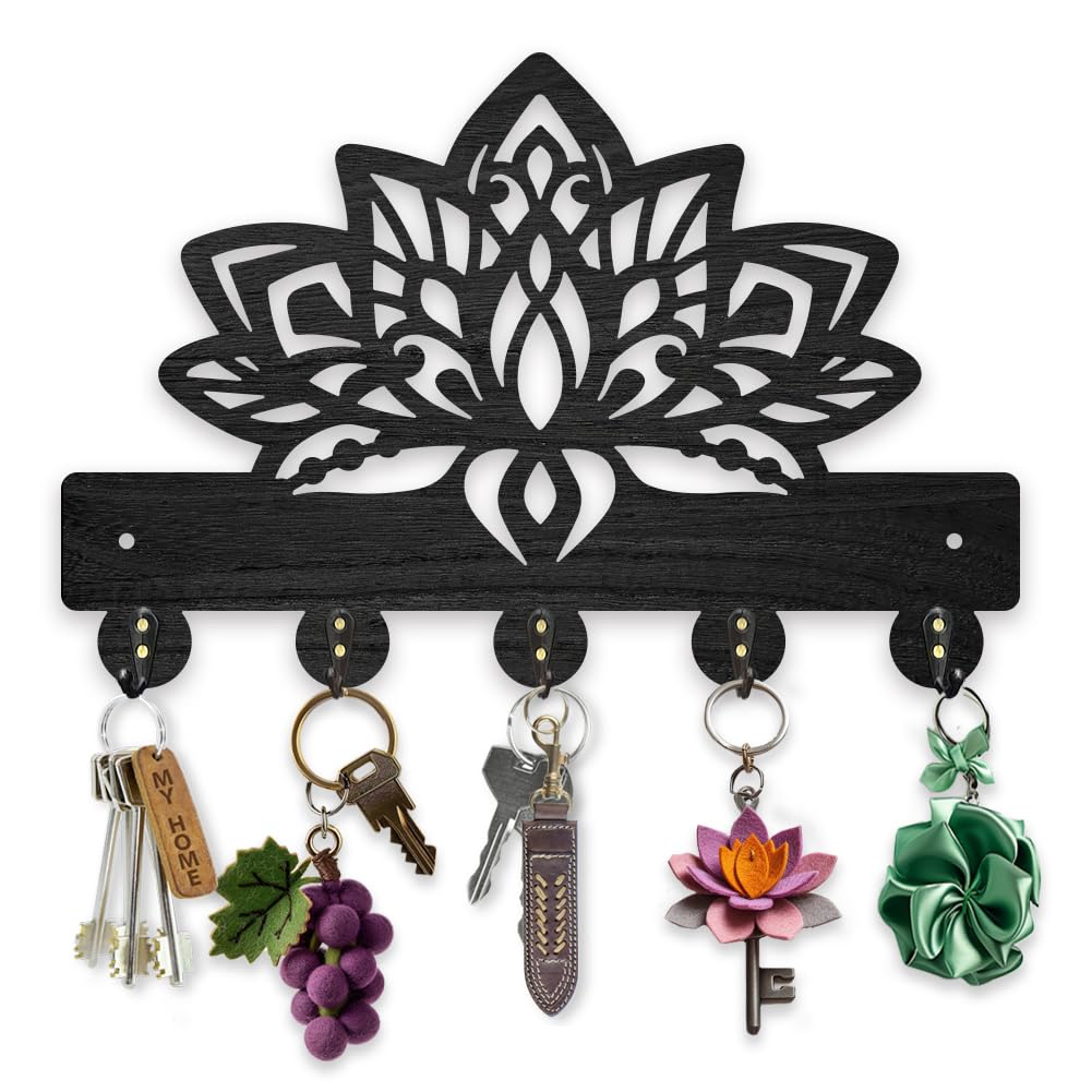 MAYJOYDIY Wood Lotus Flower Coat Hooks Hanger Mandala Lotus Key Holder for Wall 11.8×7.9inch Black Key Hooks Rack 5 Alloy Hooks Home Decor Gifts Entryway Kitchen Bathroom Storage Organizer