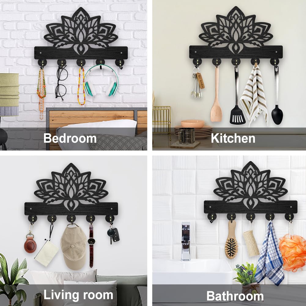 MAYJOYDIY Wood Lotus Flower Coat Hooks Hanger Mandala Lotus Key Holder for Wall 11.8×7.9inch Black Key Hooks Rack 5 Alloy Hooks Home Decor Gifts Entryway Kitchen Bathroom Storage Organizer