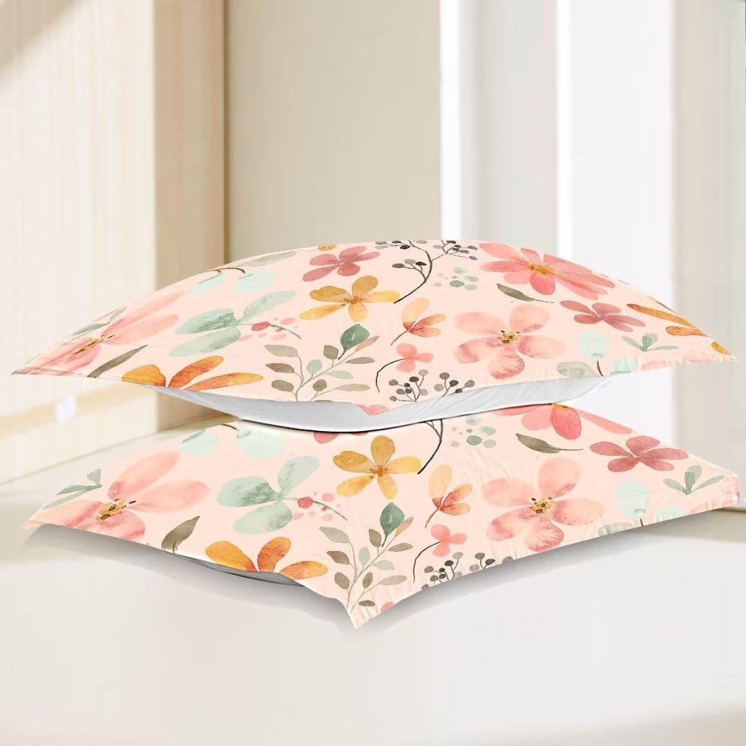 DiuuDi Pink Flowers Duvet Cover Full Size 3D Printed Light Pink Background Duvet Cover Set Orange Yellow Flowers Comforter Cover Cosy Quilt Cover Set 2 Pillowcases