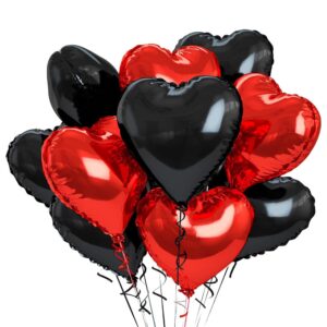 wrovitik 12 pcs black and red heart foil balloons,18 inch black and red heart mylar balloons for love heart balloon valentines birthday wedding party decoration