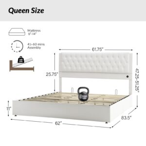 EcoHarbor Lift up Storage Bed Queen with LED Lights & Charging Station High Adjustable Headboard 51.25'' with Velvet Button Tufted Upholstered Hydraulic Bed Noise-Free/No Box Spring Needed (White)