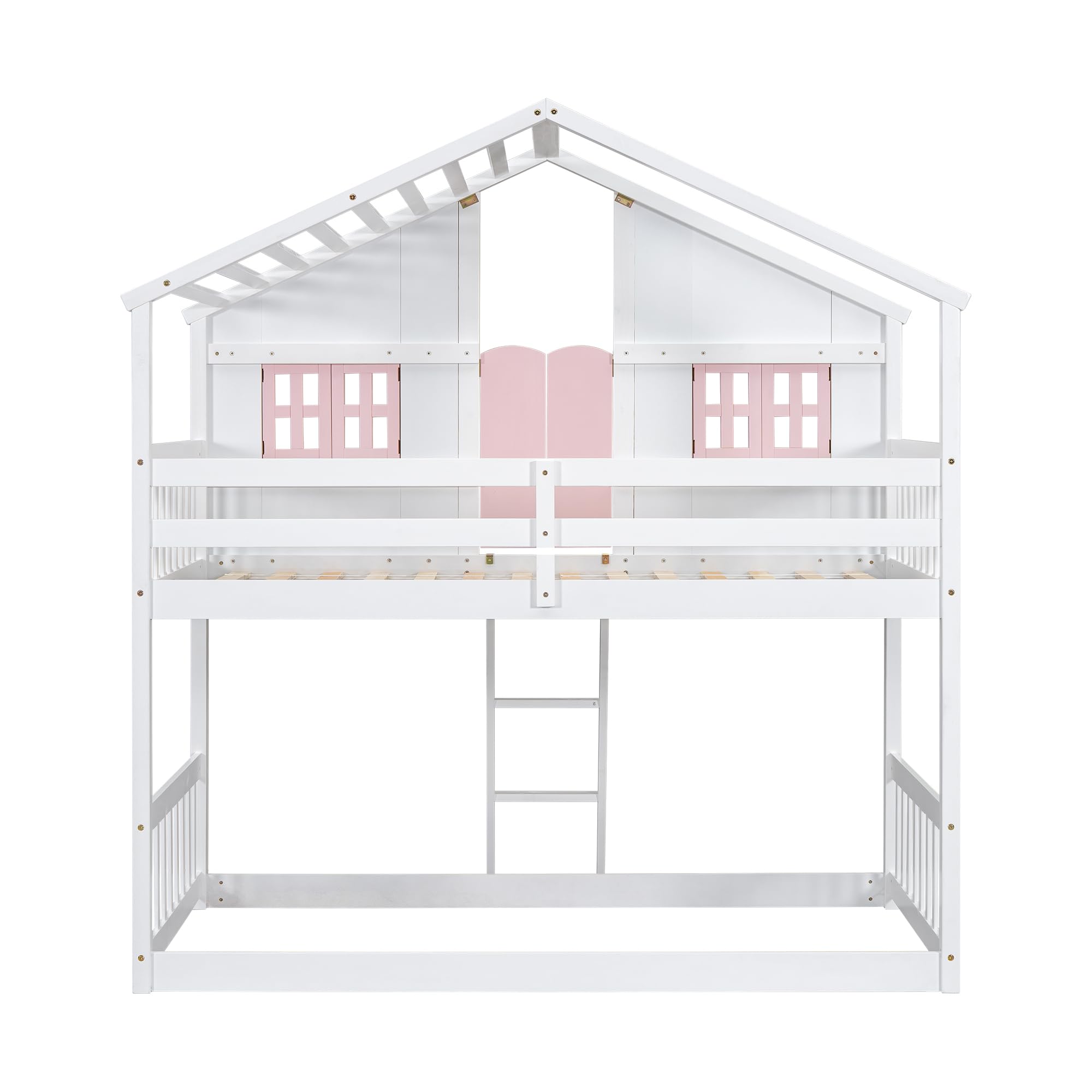 VilroCaz Twin Over Twin House Bunk Bed with Windows, Doors and Boxs, Wood House Roof Floor Bunk Bed Frame with Safety Guardrails and Ladder for Teens Kids Boys Girls (Pink/White 22)