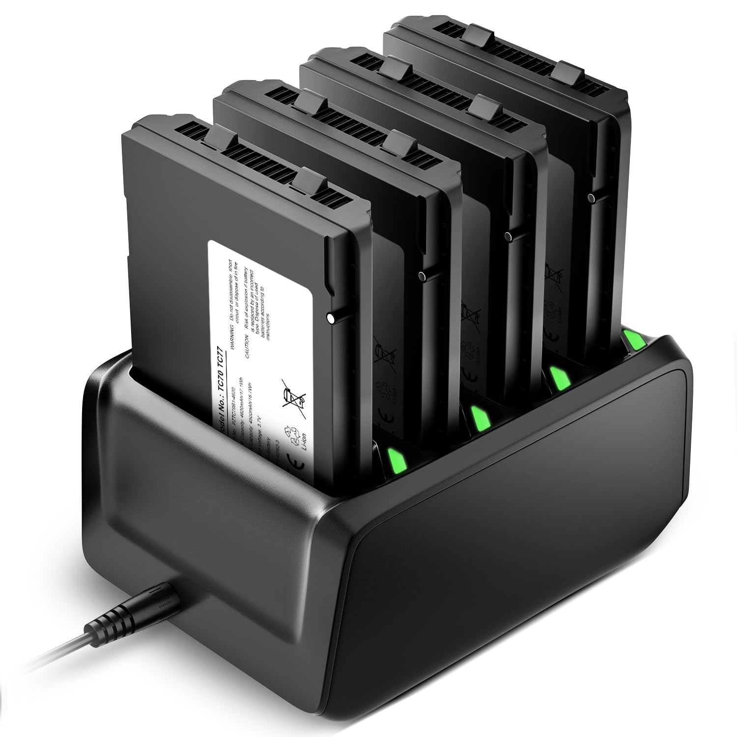 4-Slot Battery Charger with 4 pack Replacement Batteries for Zebra TC77, TC72, TC70, TC70X, TC75, TC75X Barcode Scanners - Power Adapter Included with Battery Charging Cradle