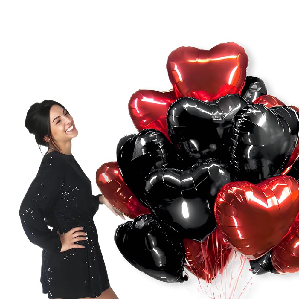 wrovitik 12 Pcs Black And Red Heart Foil Balloons,18 inch Black And Red Heart Mylar Balloons for Love Heart Balloon Valentines Birthday Wedding Party Decoration