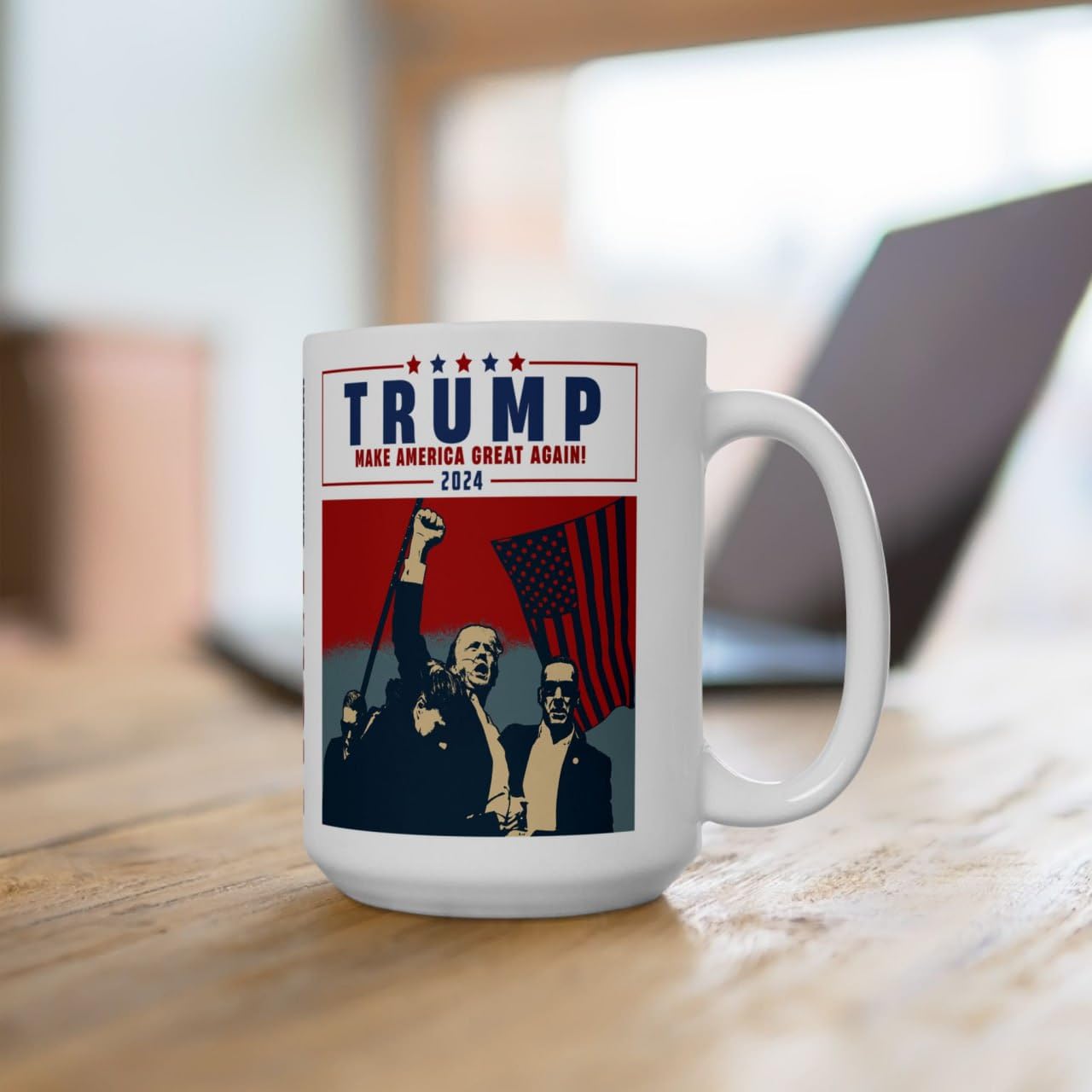 LEISAC Donald Trump 2024, Trump Assassination Attempt Coffee Mug 15Oz, Fight Never Surrender, Make America Great 2024 Campaign President Election Vote Funny Ceramic Gift Cup for Trump Supporter