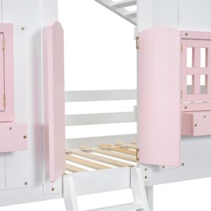 VilroCaz Twin Over Twin House Bunk Bed with Windows, Doors and Boxs, Wood House Roof Floor Bunk Bed Frame with Safety Guardrails and Ladder for Teens Kids Boys Girls (Pink/White 22)