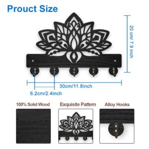 MAYJOYDIY Wood Lotus Flower Coat Hooks Hanger Mandala Lotus Key Holder for Wall 11.8×7.9inch Black Key Hooks Rack 5 Alloy Hooks Home Decor Gifts Entryway Kitchen Bathroom Storage Organizer