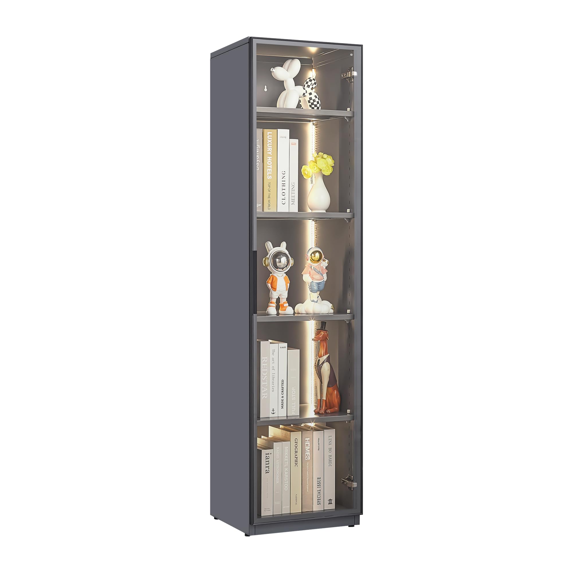 Holaki Display Cabinet with Glass Doors and Lights, 63" Tall Bookcase,5-Tier Storage Shelves, Single Door Metal Storage Cabinet,Trophy Case Display Cabinet for Collectibles,Display Case Cabinet,Grey