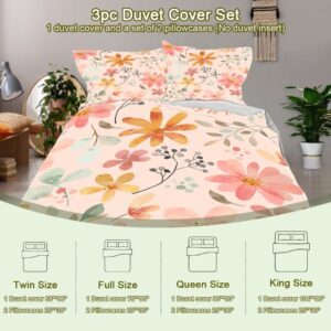 DiuuDi Pink Flowers Duvet Cover Full Size 3D Printed Light Pink Background Duvet Cover Set Orange Yellow Flowers Comforter Cover Cosy Quilt Cover Set 2 Pillowcases