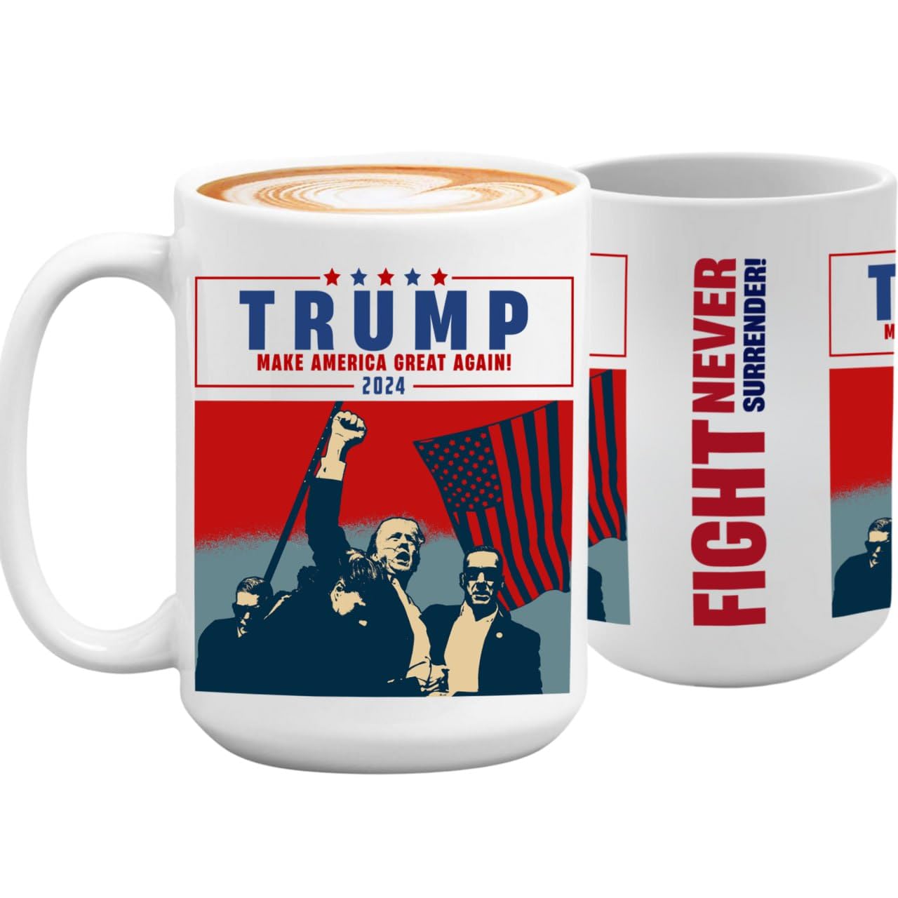 LEISAC Donald Trump 2024, Trump Assassination Attempt Coffee Mug 15Oz, Fight Never Surrender, Make America Great 2024 Campaign President Election Vote Funny Ceramic Gift Cup for Trump Supporter