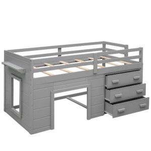 Harper & Bright Designs Low Twin Loft Beds with Storage Drawers, Wooden Twin Loft Bed with Cabinet & Bedside Tray, Kids Twin Loft Bed for Girls & Boys (Twin, Grey)