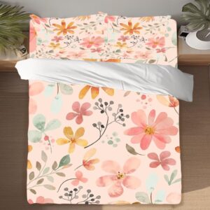 DiuuDi Pink Flowers Duvet Cover Full Size 3D Printed Light Pink Background Duvet Cover Set Orange Yellow Flowers Comforter Cover Cosy Quilt Cover Set 2 Pillowcases