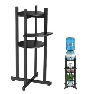 kirkical water dispenser floor stand with curved shelf for cups, metal with wood storage shelf for 1-5 gallon water bottle/crocks, drink dispenser, beer keg, and potted plant, black