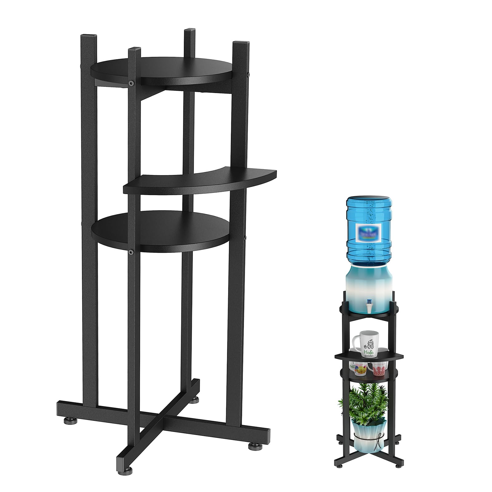 KirKical Water Dispenser Floor Stand with Curved Shelf for Cups, Metal with Wood Storage Shelf for 1-5 Gallon Water Bottle/Crocks, Drink Dispenser, Beer Keg, and Potted Plant, Black