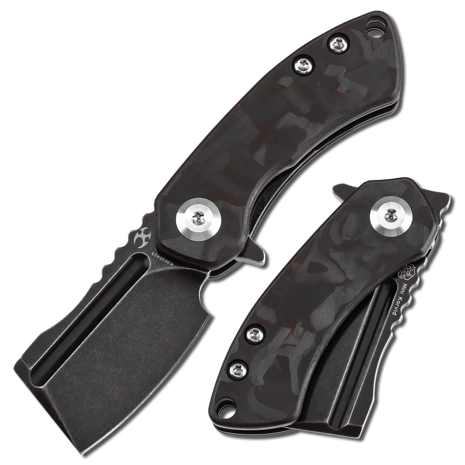 KANSEPT Mini Korvid Mini Pocket Folding Knives EDC Camping Folding Knife 1.45'' Blackwash CPM S35VN Blade Pocket EDC Knife with Black and Red Carbon Fiber Handle Everyday Carry K3030A13