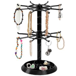 Bracelet Holder Display 2 Tier Rotating Bracelet Display Stand Black with 16 Hooks Multipurpose Adjustable Height Spinning Stable Jewelry Rack with Widened Base & Ring Holder, Keychain Display