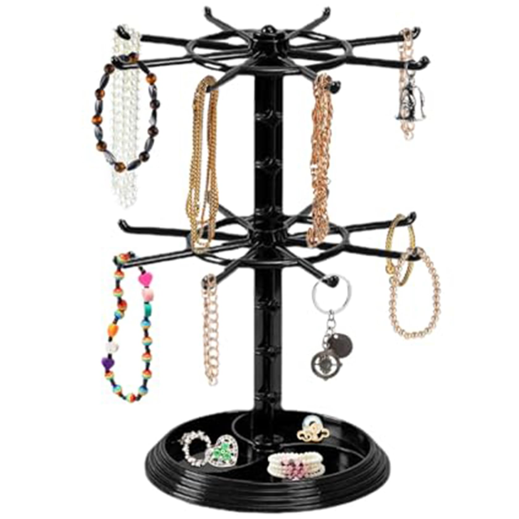 Bracelet Holder Display 2 Tier Rotating Bracelet Display Stand Black with 16 Hooks Multipurpose Adjustable Height Spinning Stable Jewelry Rack with Widened Base & Ring Holder, Keychain Display