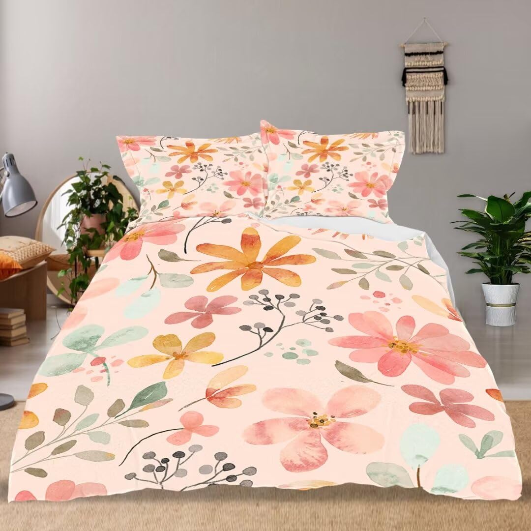 DiuuDi Pink Flowers Duvet Cover Full Size 3D Printed Light Pink Background Duvet Cover Set Orange Yellow Flowers Comforter Cover Cosy Quilt Cover Set 2 Pillowcases