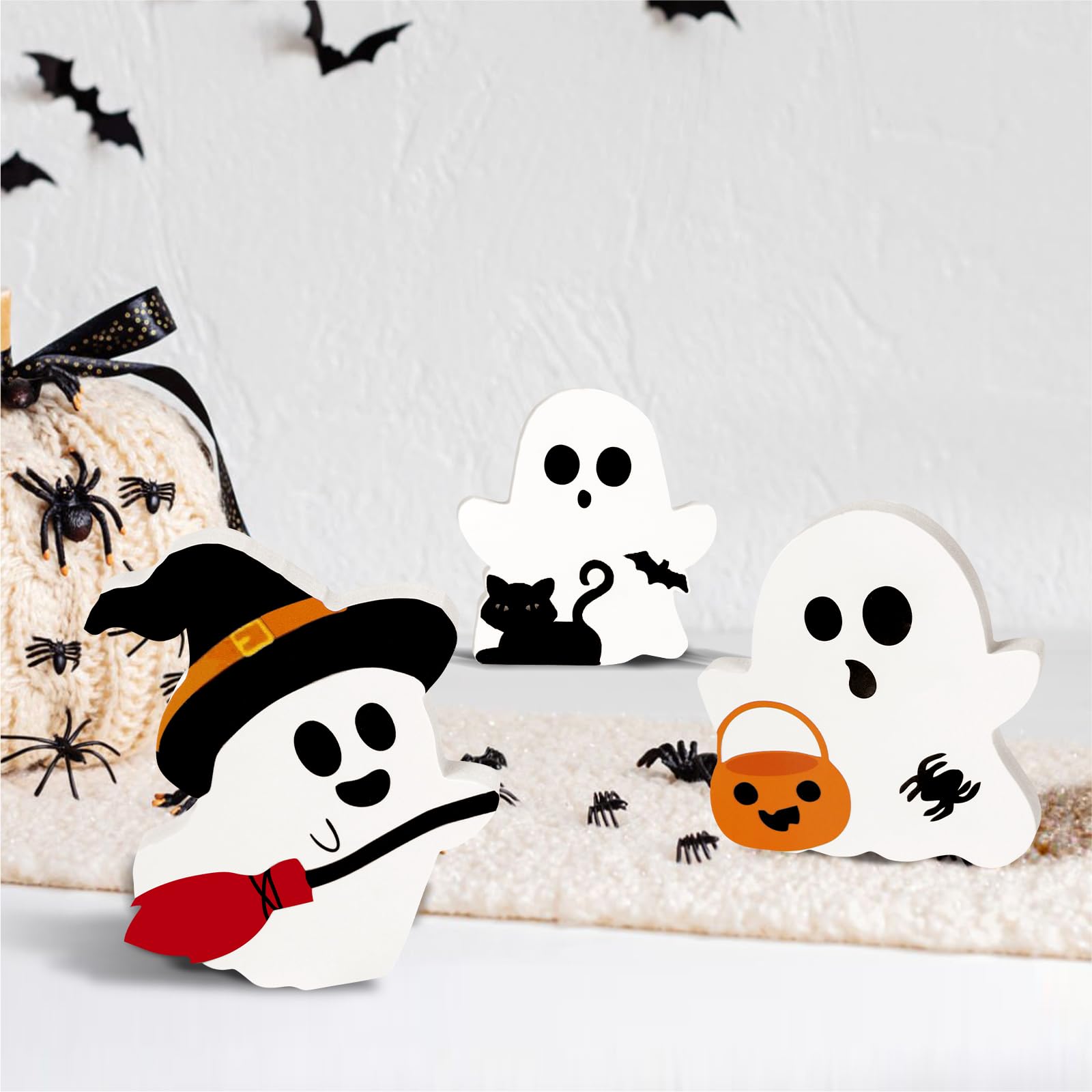 3 Pcs Cute Ghost Halloween Decorations for Indoors, Spooky Decorations, Wooden Tiered Tray Decor Table Sign, Black Cat, Bat, Witch Broom Signs, Pumpkin Blocks for Party Home Shelf Display