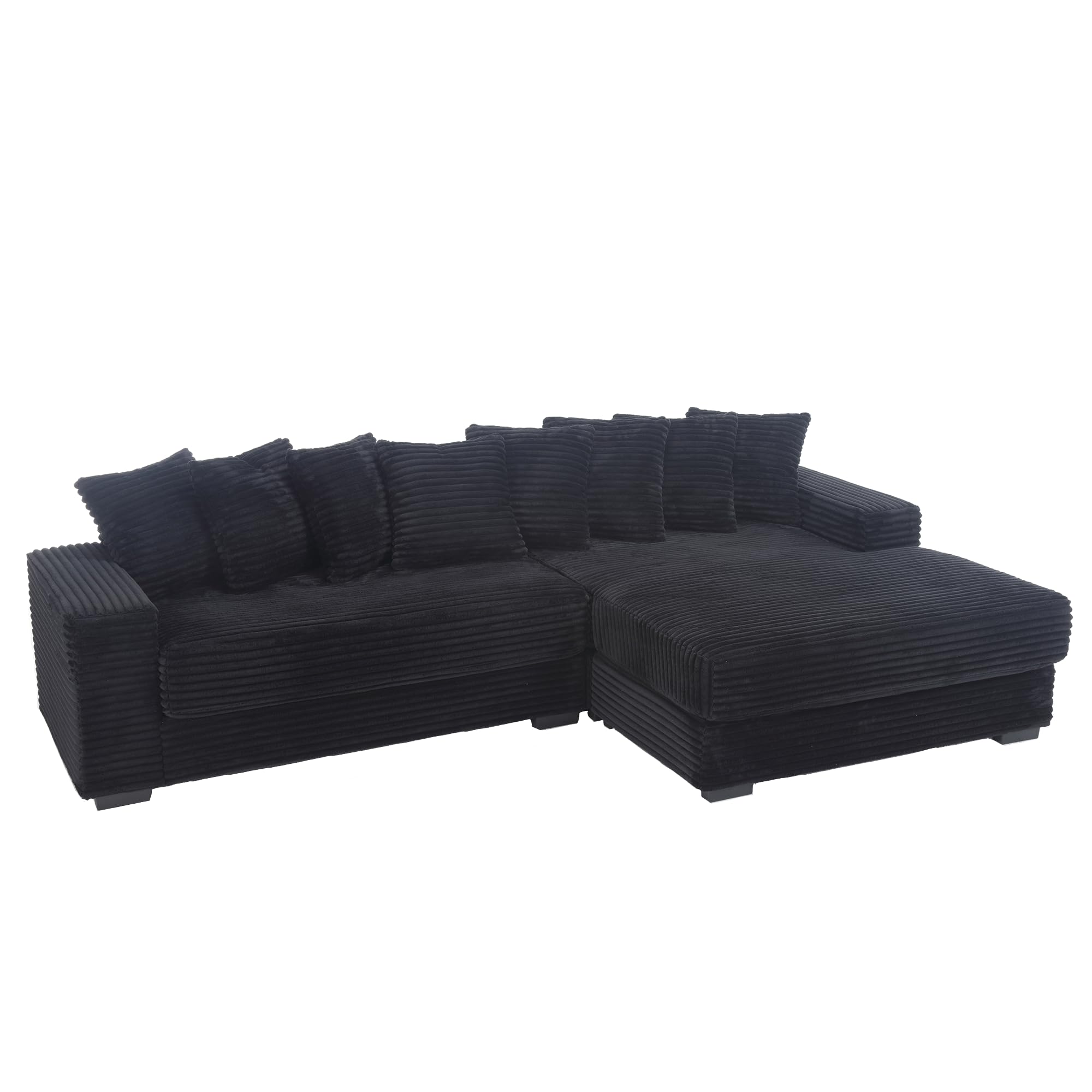 JUSTONE 111'' Modern Sectional Sofa Cloud Couch for Living Room, L Shaped Sofa, Corduroy,Right Chaise Daybed with Armrests,Eight Throw Pillows,Easy to Assemble,Black