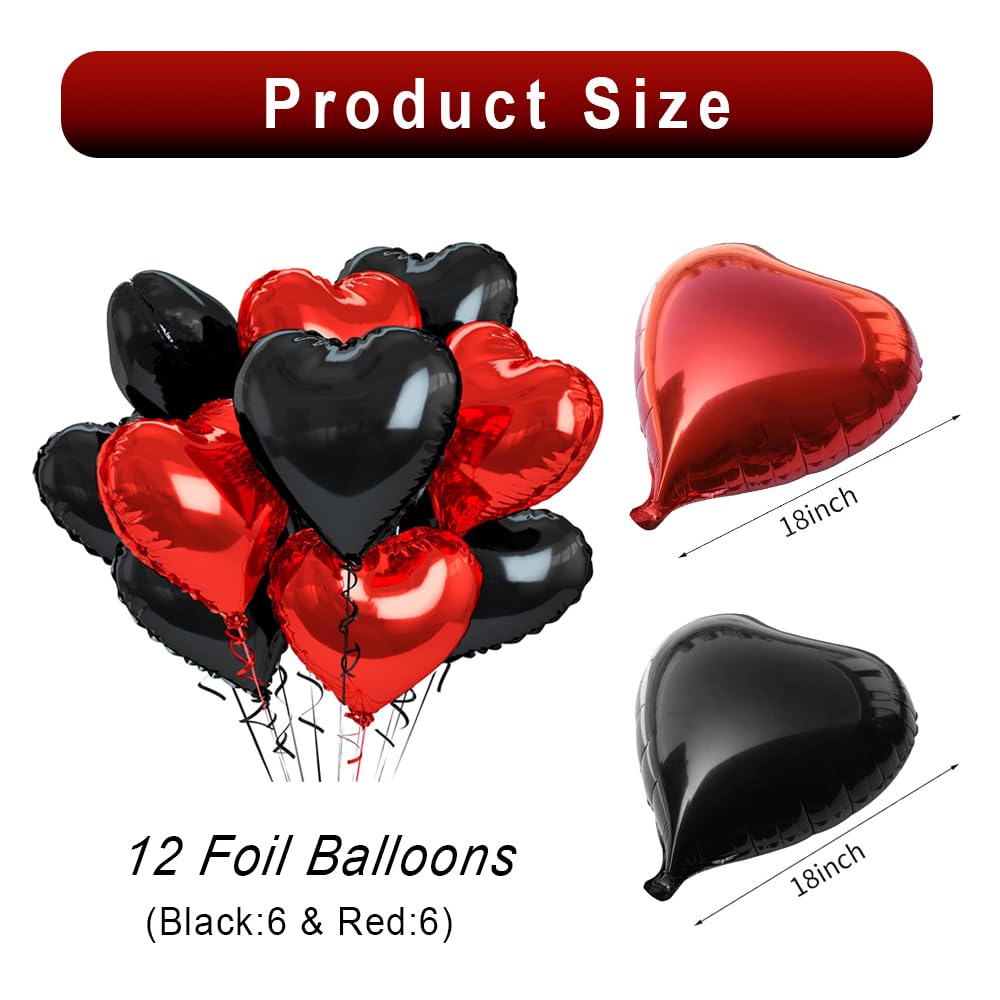 wrovitik 12 Pcs Black And Red Heart Foil Balloons,18 inch Black And Red Heart Mylar Balloons for Love Heart Balloon Valentines Birthday Wedding Party Decoration